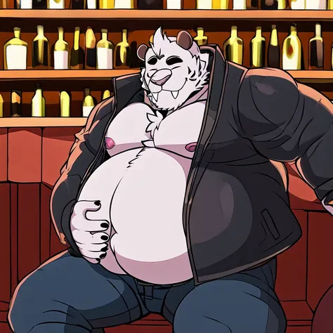 axel cosmas , solo, leather jacket, blue jeans, plump, huge, bar background, nipples, big belly, holding belly, big ass, eyes shut, sitting on a seat, 5 fingers, normal face