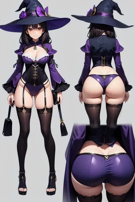 ((masterpiece)),(((best quality))),(character design sheet, same character, same outfit, front view, side view, back view), illustration, 1 girl, alone, beautiful girl, genshin impact style, full body, witch, purple witch costume, big witch hat, golden eye...