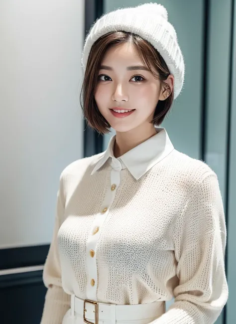 (8K、top-quality、​masterpiece:1.2)、(realisitic、Photorealsitic:1.37)、((wear a white knitted hat))、ultra-detailliert、K-pop girl 1、cute little、Soio、Beautiful cityscape、Big size knitted clothes beautiful detailed sky、Detailed Cafe、natta、(((short-cut)))、Walking、...