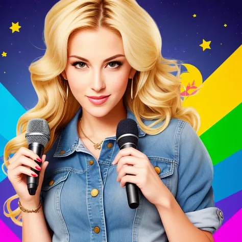 "(Mature and realistic portrayal:1.2) Sailor Moon exuding confidence as she holds a microphone, her blonde hair cascading down, adorned in stylish rainbow denim clothes from the 2000s, with a backdrop filled with donuts."