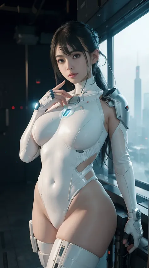 ((top-quality)), ((​masterpiece)), ((realisitic)), (detaileds), (Photorealsitic:1.5), Futuristic girl, japanes,(thick body), (white bodysuit), 23years old,lights on armor, Cybernetic Headwear, Exposure of the abdomen,Looking at the camera, dynamicposes, sc...