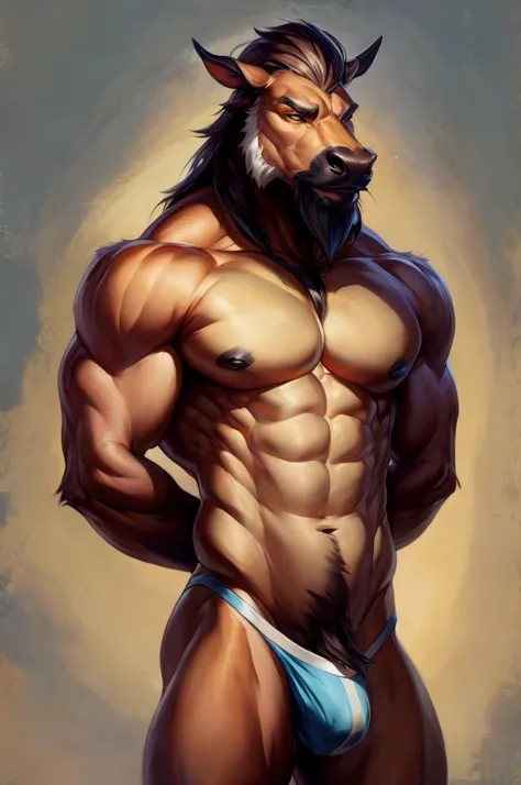 Solo, Furry, Anthro, Gnu, Male, E621, Standing, Muscular, Hands behind back, Wearing underwear, Plain background, Front view, By ksaiden