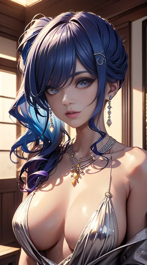 8K、quality、On the table、super high image quality、ultra - detailed、super beautiful、Super realistic hair texture、anime illustration、Super realistic sensuality、FULL-BODY ESBIAN、Charming look、shave 、Off-the-shoulder blue yukata、Beutiful women、blue long hair、po...