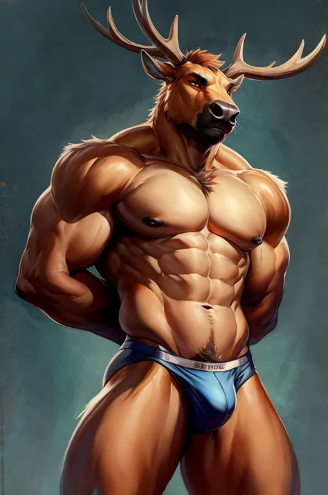 Solo, Furry, Anthro, Elk, Male, E621, Standing, Muscular, Hands behind back, Wearing underwear, Plain background, Front view, By ksaiden