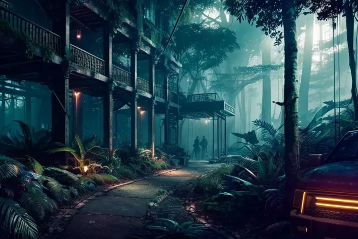 Jungle, extremely detailed CG unity 8k wallpaper, masterpiece, zodiac constellation Scorpio , best quality, long shot, cyberpunk, jungle , ghostly setting, mist, volumetric light, neon lights, animatronic figures, ruined structures, grunge textures, zodiac...