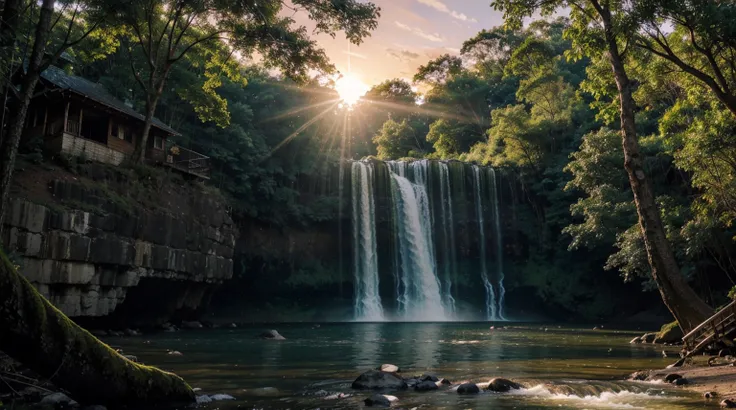 a real photograph of a beautiful sunrise at the edge of a waterfall, Tree House