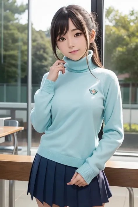 solo, 1girl, yamagishi fuuka,  gekkoukan high school uniform, turtleneck sweater,