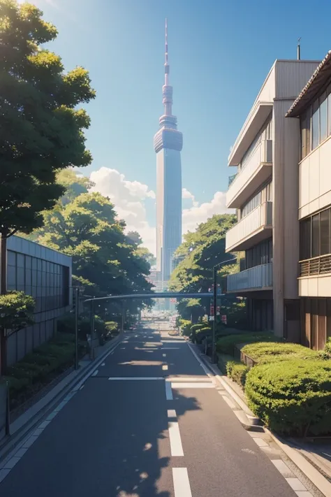 landscape, summer, sun, Tokyo, building, uninhabited, nobody, hot weather, blue sky, HD detail, ultra detail, film, hyperrealism, soft light, deep focus bokeh, ray tracing, gwise on pixiv art station, Makoto Shinkai, art germ