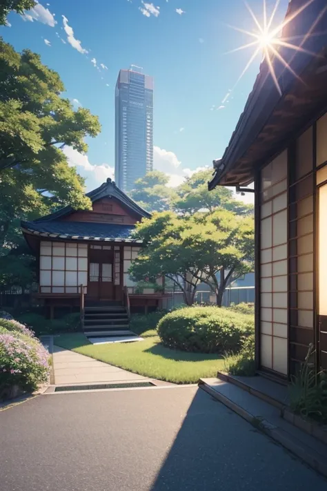 landscape, summer, sun, Tokyo, building, uninhabited, nobody, hot weather, blue sky, HD detail, ultra detail, film, hyperrealism, soft light, deep focus bokeh, ray tracing, gwise on pixiv art station, Makoto Shinkai, art germ