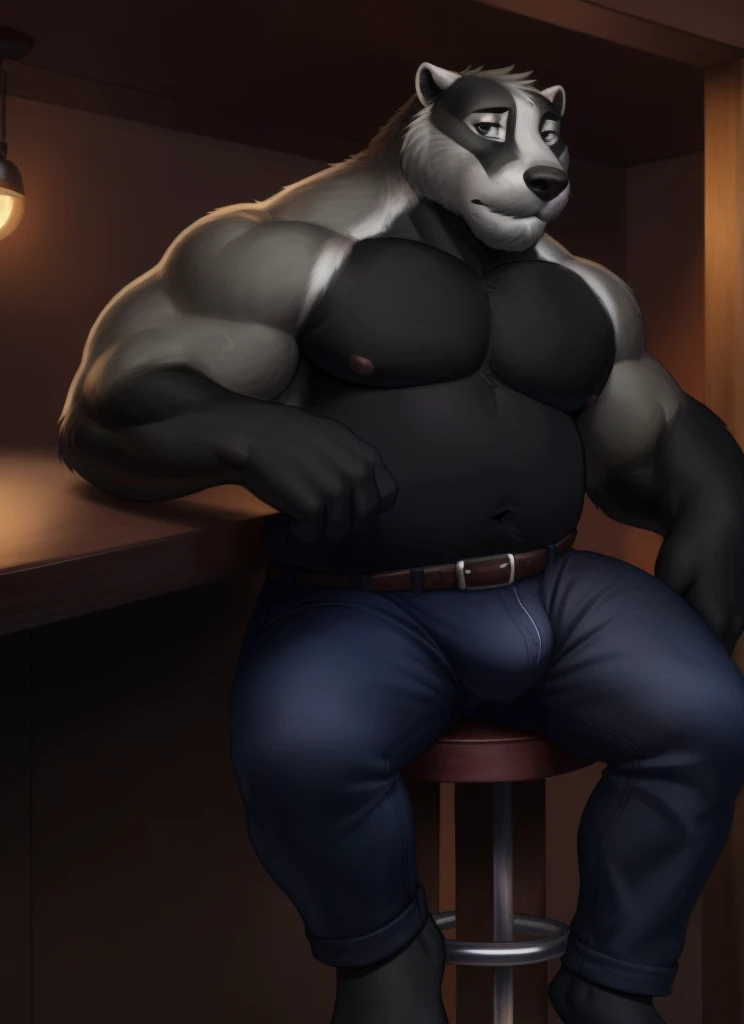 nikolai krol, solo, bara, plump, fat, black fur, (pose:1.osing:1.3), (soft shading), 4k, hi res, ((detailed face, (detailed eyes:1.0), detailed)), (full body), by zackarry911, by zaush, (by personalami:0.5), solo, looking at viewer, no shirt, 1boy, male fo...