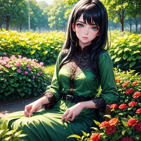 best quality, highres, ultra-detailed, realistic:1.37, professional, vibrant colors, bokeh, portraits, oil painting, studio lighting, green eyes, detailed black hair, contemporary fashion, confident expression, 17 years old girl, peaceful garden background