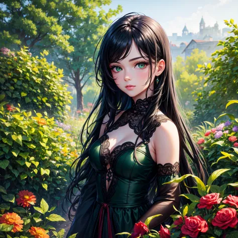 best quality, highres, ultra-detailed, realistic:1.37, professional, vibrant colors, bokeh, portraits, oil painting, studio lighting, green eyes, detailed black hair, contemporary fashion, confident expression, 17 years old girl, peaceful garden background