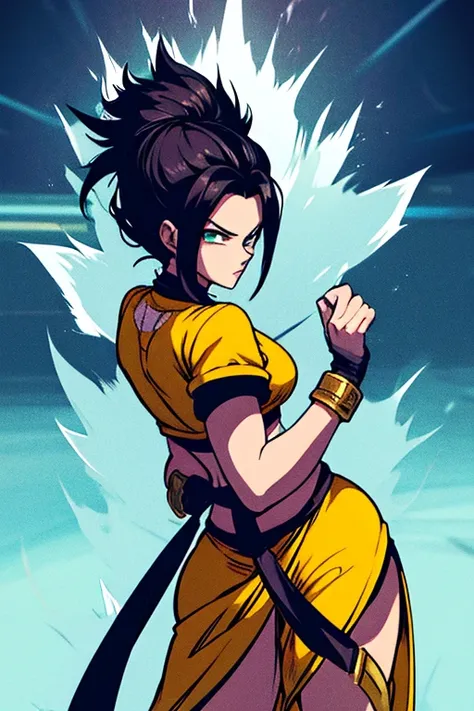 feminina super sayajin 4, her black hair extends to the small of her back, flowing like an ebony cascade. sua pelagem dourada co...