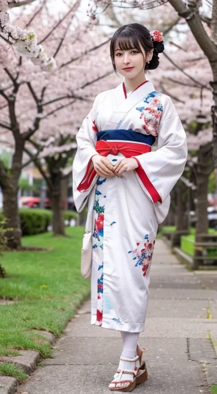 1girl,full body,Wearing an ornament on the head,Japan Traditional Hair Set,(kanzashi,Colorful kimono,Red, white and cherry blossom Kimono,Kimono with gorgeous and elegant designs,highest grade obi,Kimono of Kyo Yuzen,Kimono dyed by Kyotomo,Furisode,Floral ...