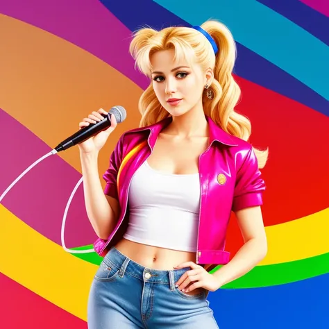 "(Mature and realistic portrayal:1.2) Sailor Moon exuding confidence as she holds a microphone, her blonde hair cascading down, adorned in stylish rainbow denim clothes from the 2000s, with a backdrop filled with donuts."