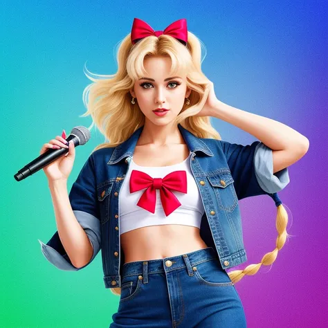 "(Mature and realistic portrayal:1.2) Sailor Moon exuding confidence as she holds a microphone, her blonde hair cascading down, adorned in stylish rainbow denim clothes from the 2000s, with a backdrop filled with donuts."