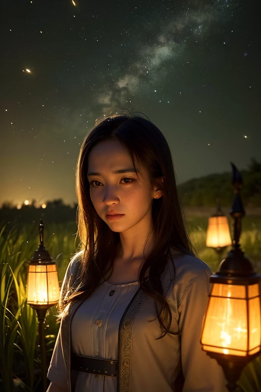 (8k, top quality, masterpiece: 1.2), (realistic, photorealistic: 1.37), super detail, one girl, wide angle of view, firefly garden, lots of small faint light and fireflies flying around, night