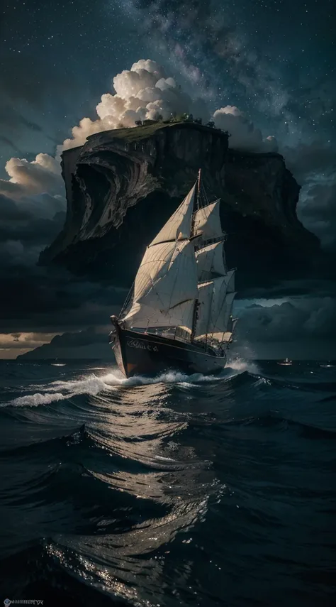 “A real photographic landscape painting with incomparable reality,Super wide,Ominous sky,Sailing boat,Wooden boat,Lotus,Huge waves,Starry night,Harry potter,Volumetric lighting,Clearing,Realistic,James gurney,artstation”.