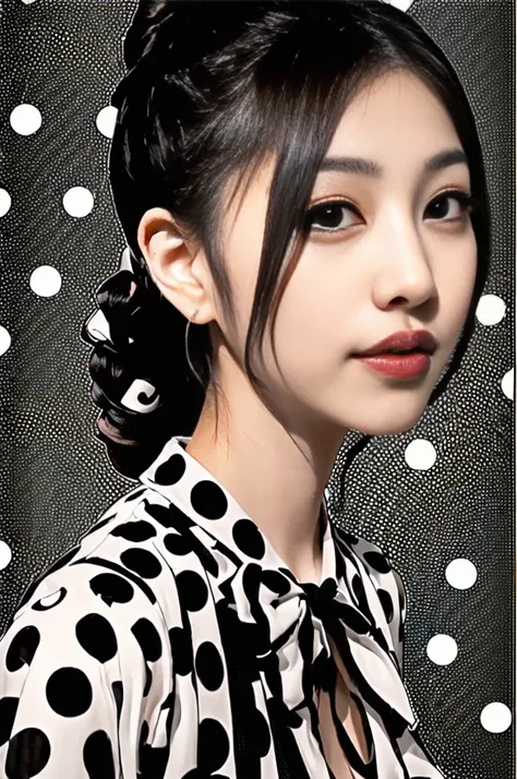 (1 japanese beautiful woman surrounded by bold Black and White Polka Dot Pattern:1.5) 8k(detailed:1.4) (best quality)(8k)(bold Black and White Polka Dot Pattern background:1.5)