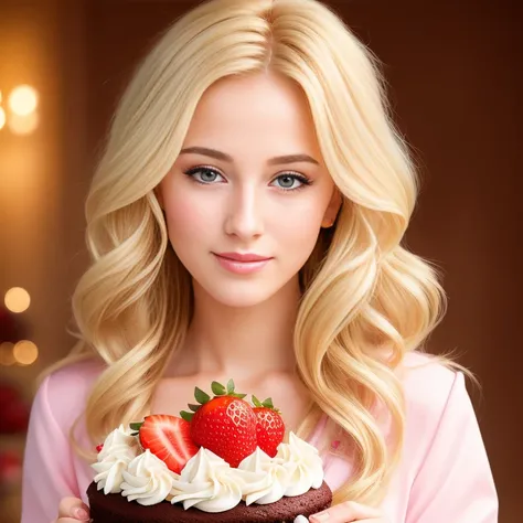 (best quality,4k,8k,high res,masterpiece:1.2),ultra-detailed, photorealistic, flaxen blonde hair,long hair, Mature and beautiful, realistic depiction:1.2 Sailor Moon eating chocolate strawberry cake