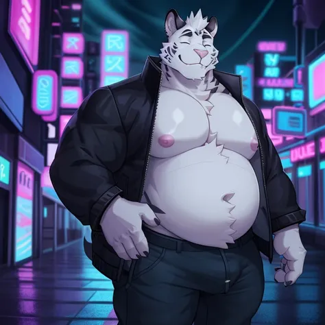 axel cosmas, solo, looking at viewer, no shirt, 1boy, jacket, male focus, pants), plump, eyes closed, neon city background, plump body, nipples