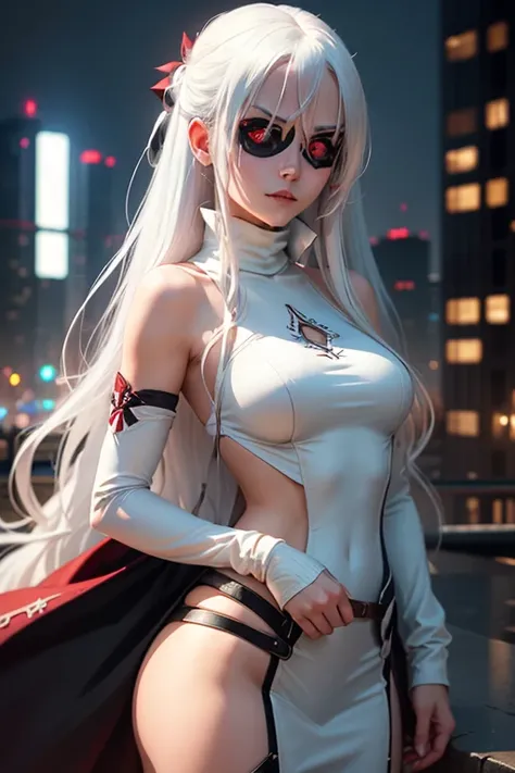 1girl, (solo), anime girl with long white hair and red eyes, girl with white hair, girl in white turtleneck, ((eyepatch)), pointed ears, ((vampire)), smirk, smug, closed mouth, cowboy shot, perfect white haired girl, white haired deity, digital cyberpunk a...