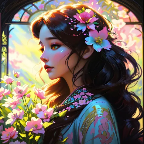 painting of a woman with flowers in her hair, beautiful fantasy art portrait, beautiful fantasy portrait, beautiful digital illustration, beautiful digital artwork, beautiful gorgeous digital art, fantasy art portrait, beautiful fantasy maiden, beautiful d...