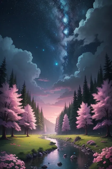 (magical pretty night sky green stream overlay scene), (sky), (clouds), soft lighting, clean background, beautiful scenery, masterpiece, high quality, beautiful graphics, high detail, epic scenery, garden, flowers, clouds, (night starry sky, river behind, ...