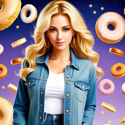 "(Mature and realistic portrayal:1.2) Sailor Moon exuding confidence as she holds a microphone, her blonde hair cascading down, adorned in stylist denim clothes from the 2000s, with a backdrop filled with donuts."