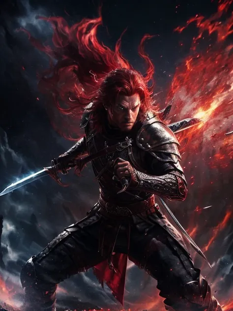 (crimson-haired man),(dual-wielding:1.1),(sword in each hand),(one black sword),(one ethereal sword),(intense gaze),(strong and confident),(epic battle scene),(dramatic lighting),(dust and debris floating),(powerful strikes),(dynamic poses),(martial prowes...