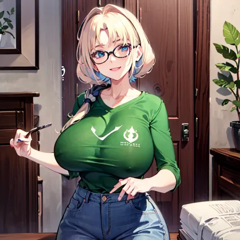 masterpiece, best quality, 1girl, solo, milfication, mature female, milf, gigantic breasts, curly hair, very short hair, blonde hair, swept bangs, blue eyes, glasses, green shirt, denim, upper body, living room, hands on hips, looking at viewer, smile