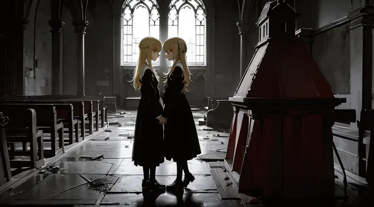 (2 girls, sister, blonde hair, red eyes, kawaii, hold hands), (abandoned church, late night), (low contrast, flat color, limited palette)