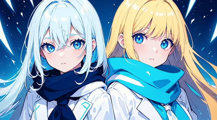 (2 girls, blonde hair, blue eyes, school uniform, white coat, blue scarf, kawaii), (snowing, blue cyberpunk city, blue neon), (low contrast, flat color, limited palette)