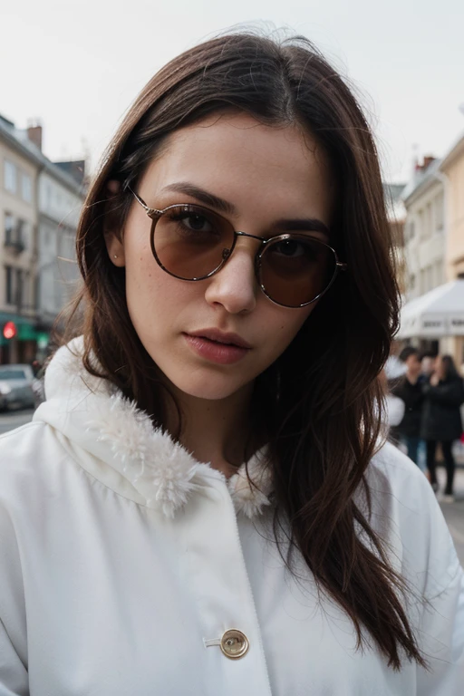 ((best quality)), ((masterpiece)), (detailed), perfect face realistic photo of beautiful woman with long dark brown hair, Russian, influencer, light freckles, dark brown eyes, big lips, no makeup, instagram, a woman in a fur coat, a black and white photo, ...