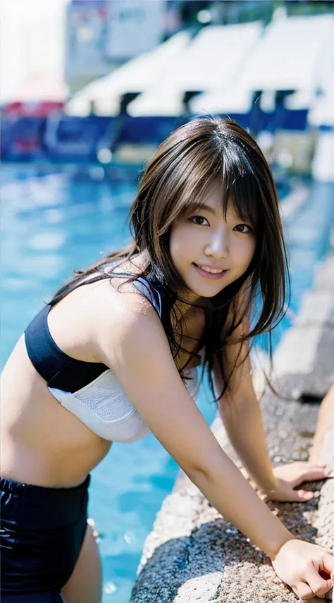 top-quality、​masterpiece、8K、life-like、Cute 20s girl（A dark-haired、poneyTail、rather large breasts）、Lying by the pool、、A smile、white school swim suit、Gravure photography、