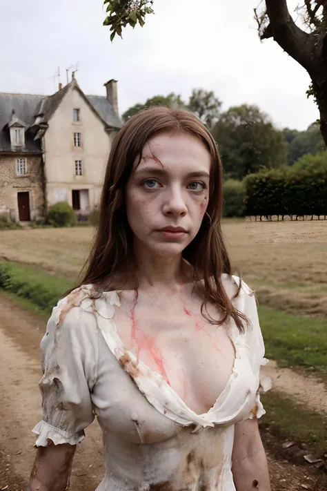 Masterpiece, best quality, celebrity editorial portraiture, cinematic conceptual portrait, Zombie Emma Bovary, Zombie Emma Rouault, Gustave Flaubert’s novel Madame Bovary, ((a slender undernourished pale 18-year-old Isabelle Huppert lookalike as a young 18...