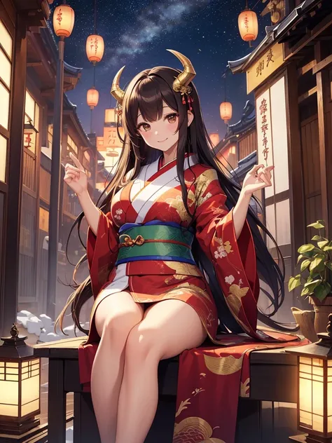 top-quality、Top image quality、Dagashi Teru Piece、Super beautiful Japanese beauty((24 year old、Japan kimono、Best Bust、big bast、Bust 90,beautiful long ironed hair、Brown hair、Dragon horn、A slender、a closeup、Esbian、Beautiful Japan hair、kanzashi、hiquality、Beaut...