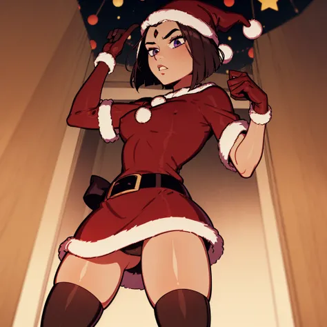 Raven, red jewel on forehead, purple eyes, cute eyes, christmas outfit, short hair, christmas, red outfit, santa outfit, santa hat