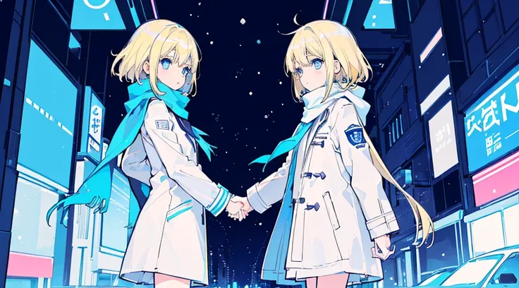 (2 girls, blonde hair, blue eyes, school uniform, white coat, blue scarf, hold hands, kawaii), (snowing, blue cyberpunk city, blue neon), (low contrast, flat color, limited palette)