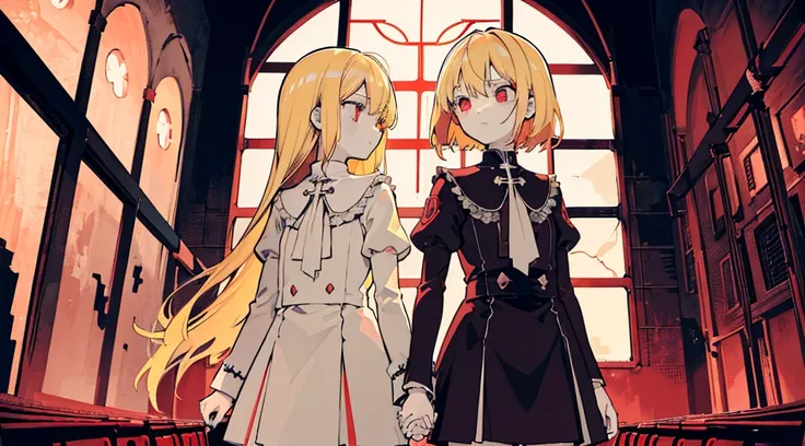 (2 girls, sister, blonde hair, red eyes, kawaii, hold hands), (abandoned church, late night), (low contrast, flat color, limited palette)