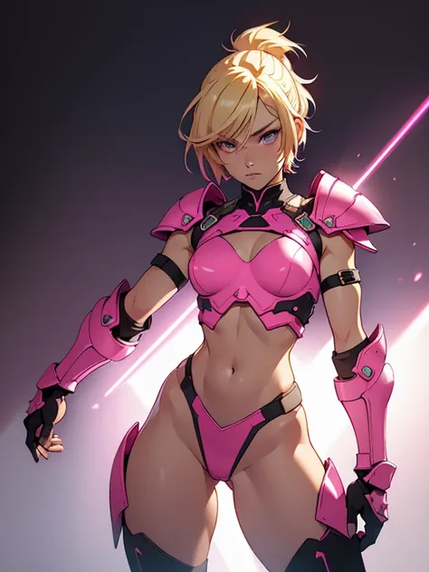 neon pink, fantasy fighter, young girl, blond short hair, revealing armor, medium hips, very small breasts, thick thighs, very thin waist , extremely detailed face and eyes, absurdes, 4k, dynamic pose, dynamic shadows, beautiful lighting