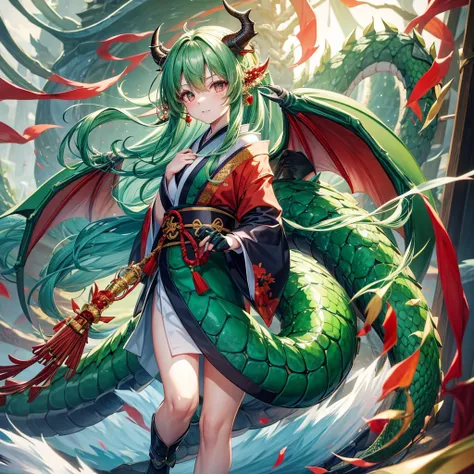 top-quality、cute little、green colored hair、Red eyes、dragongirl、Kimono、dragon horn、Dragons tail、Dragon wings、Winter scenery