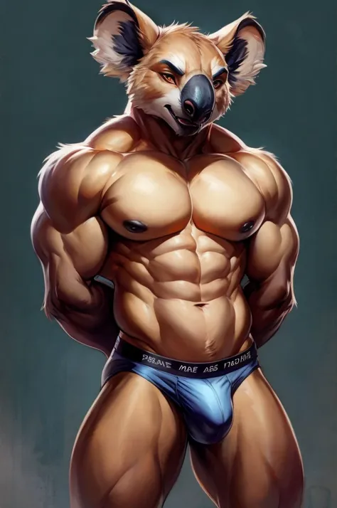 Solo, Furry, Anthro, Koala, Male, E621, Standing, Muscular, Hands behind back, Wearing underwear, Plain background, Front view, By ksaiden