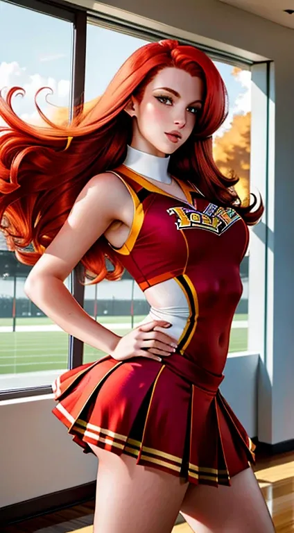 A beautiful college cheerleader, redhead with long, full red hair, wearing the Westwood university uniform, very beautiful, Dutch angle