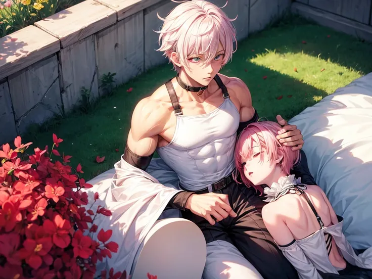 Best quality: 1.0), (Super High Resolution: 1.0), Anime boy, short white hair, green eyes, pink hair girl with red eyes, sleeping