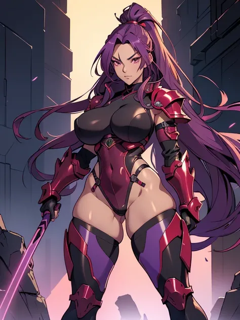 neon red, fantasy ninja warrior, very hot woman, very long purple hair, heavy metallic armor, large hips, very large breasts, thick thighs, very thin waist, plumb ass, extremely detailed face and eyes, absurdes, 4k, dynamic pose, dynamic shadows, beautiful...