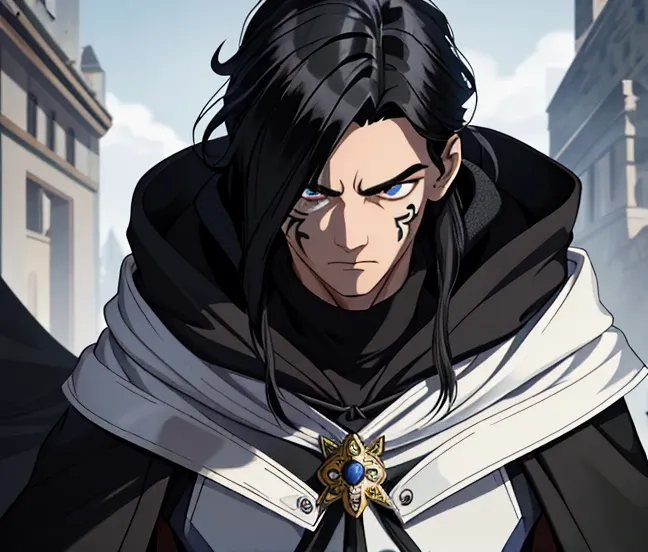 Male, 16-years-old, long black hair, serious facial expression, unique eye tattoo under right eye, silver eyes, black cloak, shadow magic, fantasy setting.