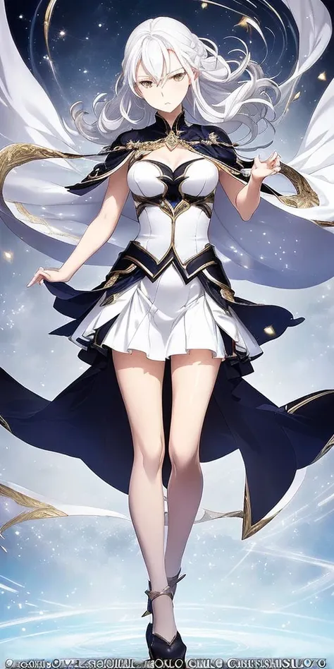 ((((official art + premium quality): 1.3), full-body close-up, create an elegant atmosphere), white short skirt, white hair shaw...