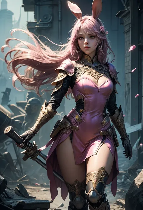 (Detailed illustrations,Very detailed and detailed drawing,Delicate lines with slow and rapid,Realistic texture expression),[Color tressed main line],(Battlefield of Fantasy World [Burning castle]),(GIRL ROBOT (Pink rabbit [METALFACE])) [WEAPON MACHINE],((...