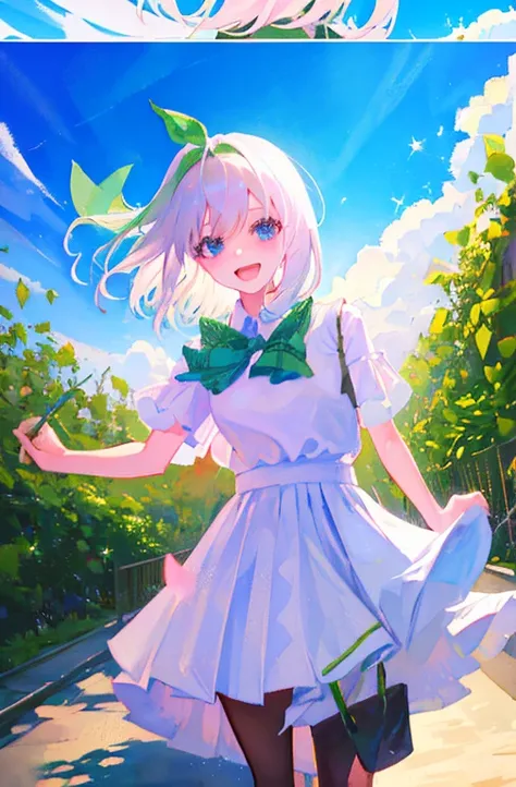 Cute as a dream、a pale, (​masterpiece、top-quality、top-quality、watercolor paiting(Curly)、Official art、Beautifully Aesthetic:1.2)、colourfull、Hair spreads throughout、kawaii、pastels、summer, blue sky, white clouds, HD Detail, Ultra Detail, Movie, Soft Light, De...